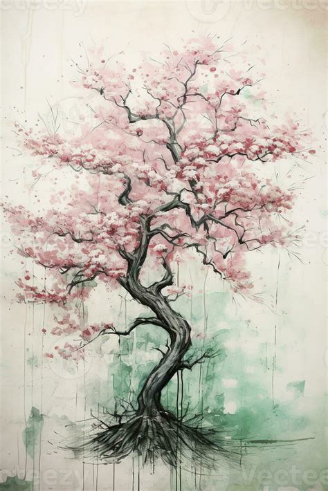 Generative AI, Beautiful japanese sakura tree, watercolor painting, vintage asian poster ...