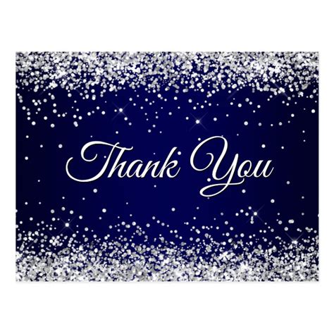 Faux Sparkly Silver Glitter Navy Blue Thank You Postcard | Zazzle.com