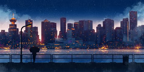 Anime 4800x2400 anime city building women umbrella night painting digital art SeerLight ...