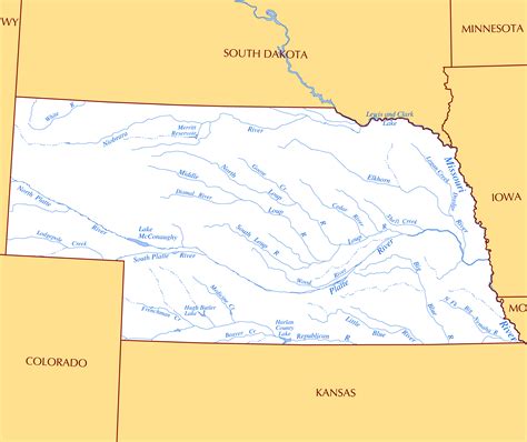 Large rivers and lakes map of Nebraska state | Nebraska state | USA | Maps of the USA | Maps ...