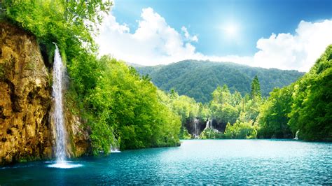 Wallpaper Beautiful waterfall, lake, trees, mountain, green, summer 3840x2160 UHD 4K Picture, Image