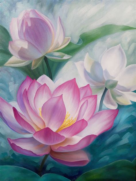 Original canvas flower painting,large lotus painting, knife painting lotus painting,flower art ...