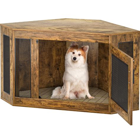 Armocity Corner Dog Crate Furniture, Wooden Dog Crate End Table with Cushion, Indoor Use Dog ...