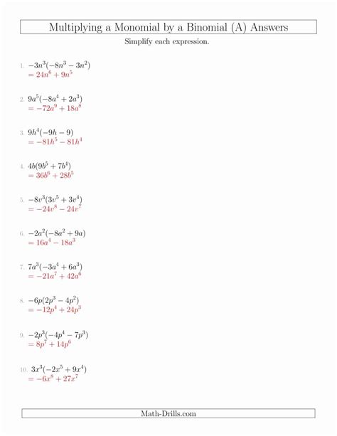 Monomials Worksheet With Answers