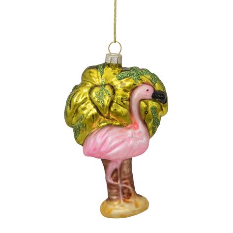 4" Pink Flamingo with Palm Tree Hanging Glass Christmas Ornament | Christmas Central