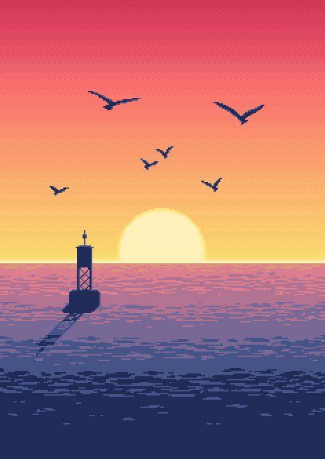 Sunset with Birds and Lighthouse