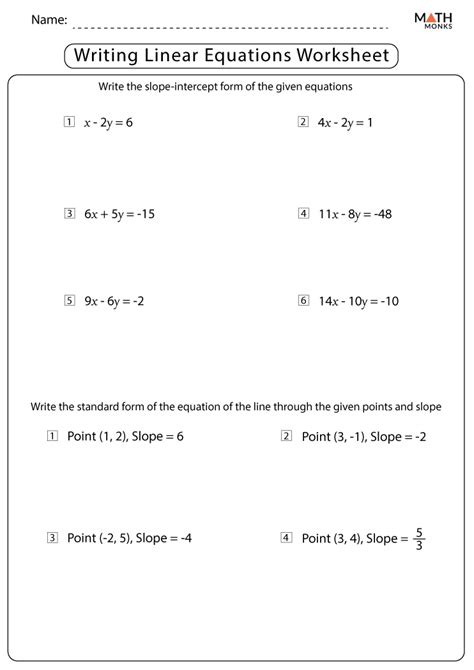 Linear Equations Worksheets with Answer Key