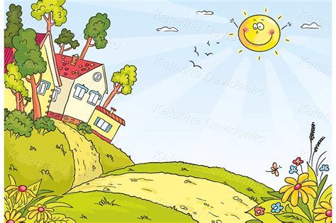 Cartoon illustration countryside landscape with hills and houses