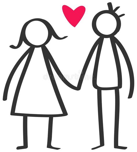 Simple stick figures happy couple, man, woman holding hands in love red heart. Isolated on white ...