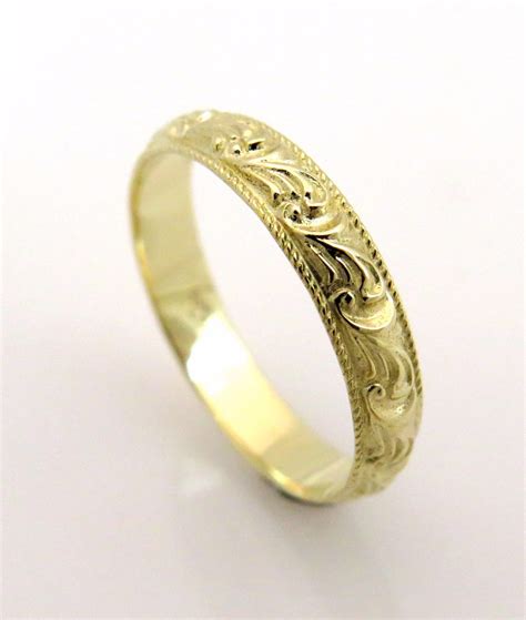 Vintage Style Wedding Band, Engraved Gold Wedding Band, Floral Wedding Band, Unique Wedding Band ...