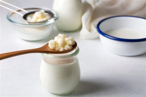 Premium Photo | Kefir fermented milk drink with kefir grains. homemade kefir stands in a glass ...