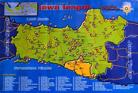 Tourist destinations in the province of Central Java - Indonesia: Map of Central Java province ...