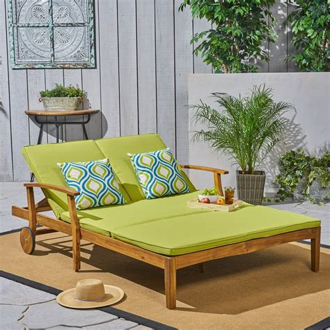 Danielle Outdoor Acacia Wood Double Chaise Lounge with Cushion, Teak, Green - Walmart.com ...