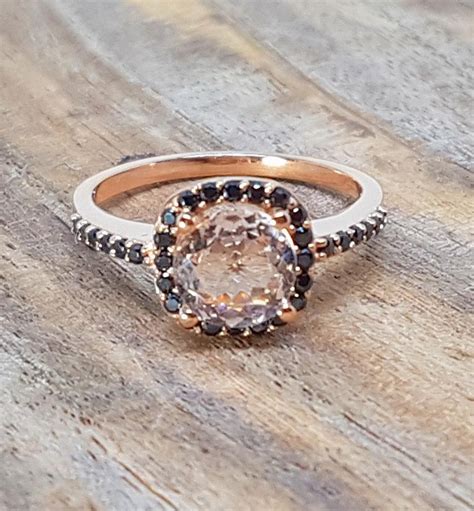 Sale 2 carat Morganite & Black Diamond Trio Wedding Ring Bridal Ring Set in 10k Rose Gold, One ...