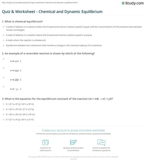 Quiz & Worksheet - Chemical and Dynamic Equilibrium | Study.com