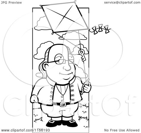 Cartoon Clipart Of A Black And White Benjamin Franklin Doing a Kite Experiment - Vector Outlined ...