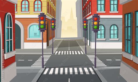 Vector city crossroads with traffic lights, intersection. Cartoon illustration of urban highway ...