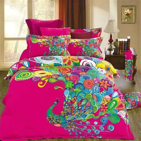 Unique Design Colorful Peacock Print Bedding Set Queen Size 100% Cotton ...