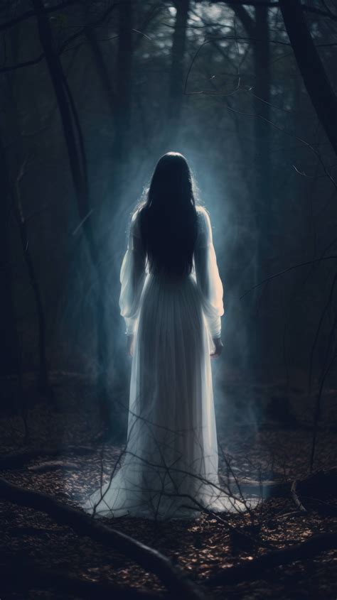 A young girl in a white dress stands alone in a dark forest, her face obscured by long black ...