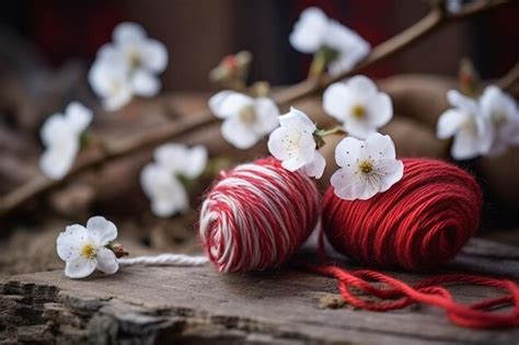 Premium Photo | A martisor of flowers with wool pompoms on a rustic wooden background