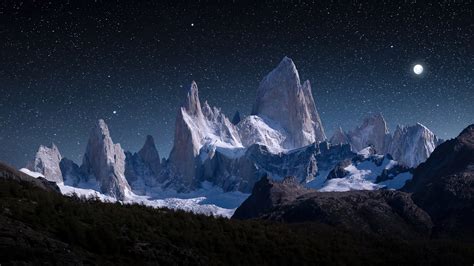 Starry Night Sky Snowy Mountain 4K #3820h Wallpaper PC Desktop