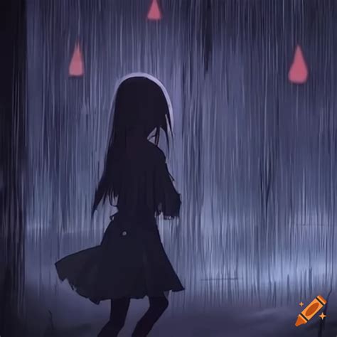 Side view of a sad anime girl running in the rain on Craiyon