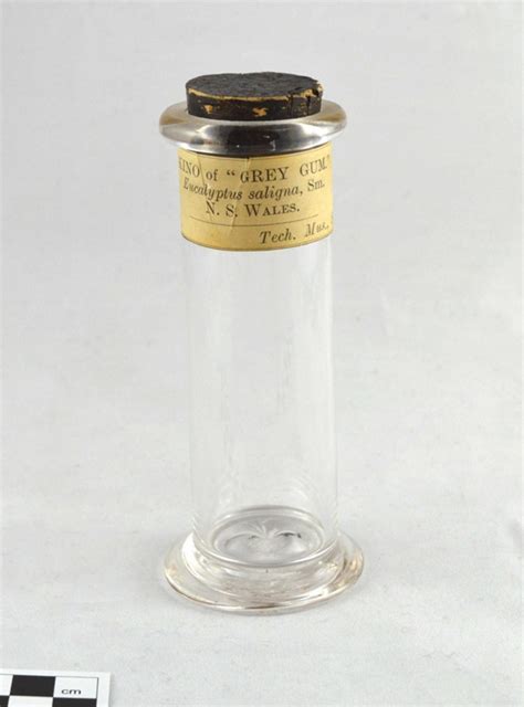 Small Clear Glass Specimen Jar with Cork Closure and Paper Label: Kino of Grey G... | eHive