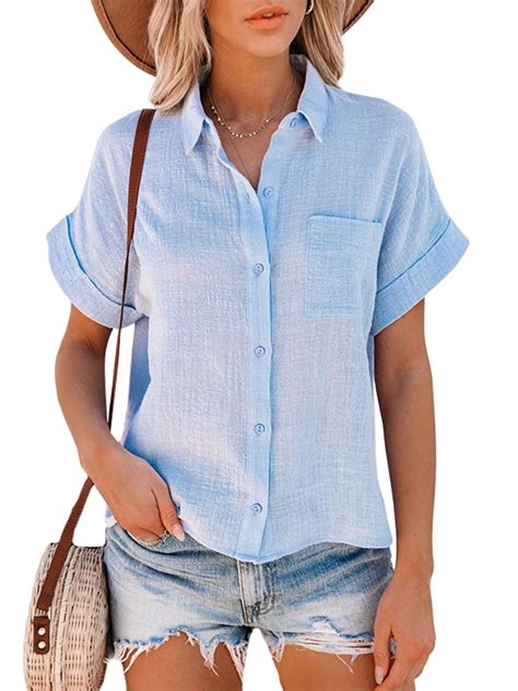 Women's Short Sleeve V Neck Shirts Casual Summer Button Down T Shirt Loose Cotton and Linen ...