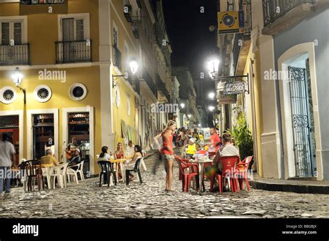 Street scene in the historic city at night, nightlife, Salvador, Bahia, UNESCO World Heritage ...