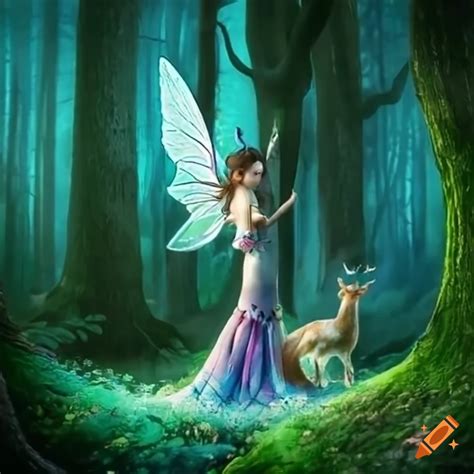 Artwork of a fairy with an animal in a forest on Craiyon