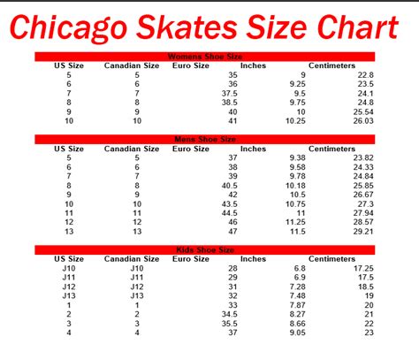 Chicago Roller Skates Size Chart | RollerSkateNation.com