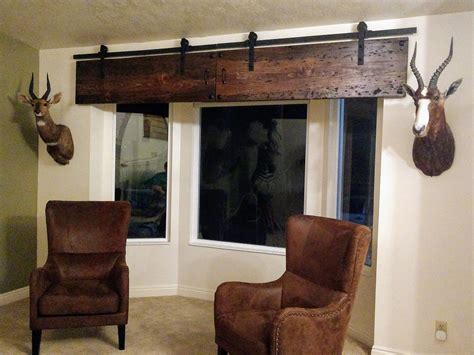 Bay window valance, faux barn door style with decorative corner hardware. Made with bee… | Farm ...