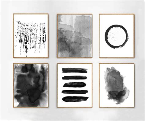 Black White Wall Art Large Abstract Watercolor Prints Boho Home Decor Minimalist Art Set of 6 ...