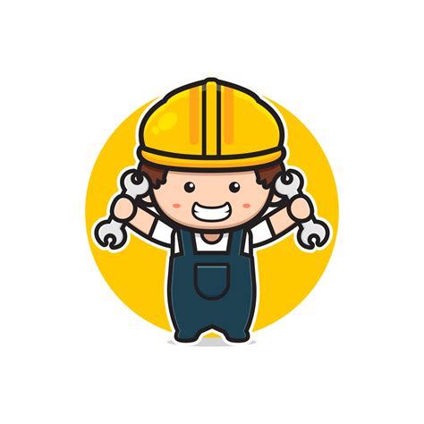 Cute engineer holding wrench cartoon icon illustration 3256995 Vector ...