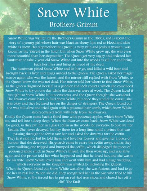 Summary of the Brothers Grimm Snow White story (1812). | Brothers grimm ...