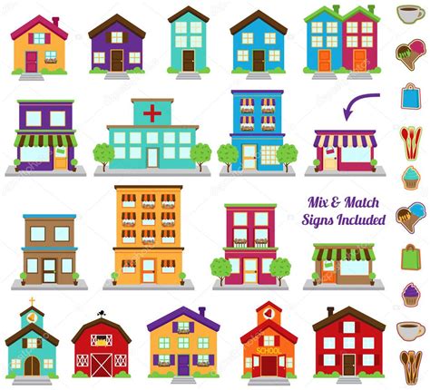 Vector Collection of City and Town Buildings, including various signs — Stock Vector ...