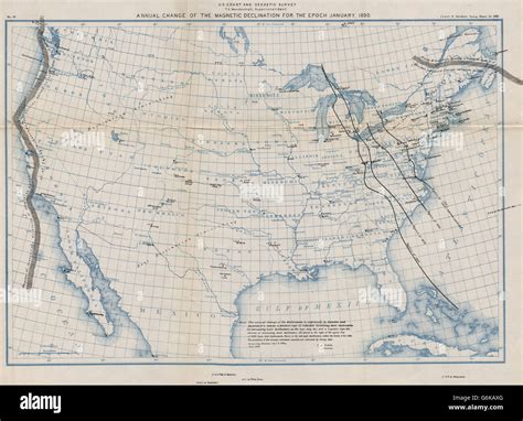 USA: Magnetic declination annual change. Agonic lines 1797-1890. USCGS, 1889 map Stock Photo - Alamy