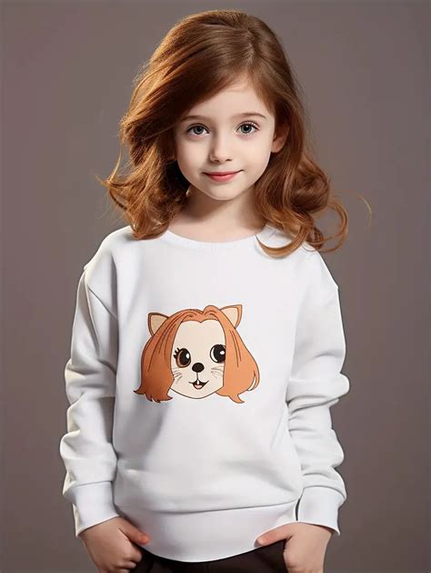 Girls Solid Pullover Lovely Cartoon Animal Graphic Casual Sweatshirt For Holiday Going Out, Kids ...