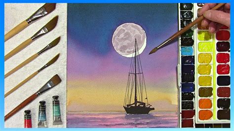 MOONLIGHT PAINTING IN WATERCOLOR WITH BOAT & REFLECTIONS IN A NIGHT SKY ...