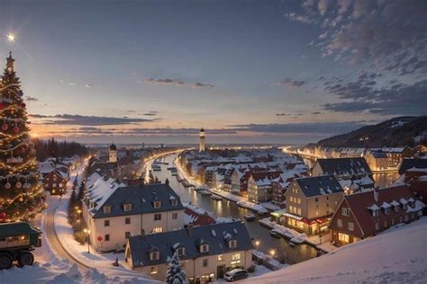 Premium Photo | A snowy winter scene with a small town and a river in the foreground.