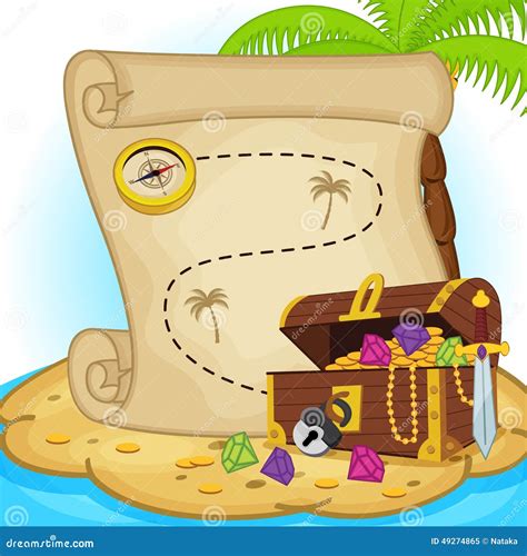 Treasure Map And Treasure Chest On Island Stock Vector - Illustration ...