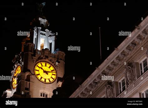 Royal Liver Building at night - closeup of Liver building clock and building details, Liverpool ...