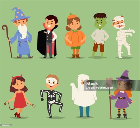 Cartoon Cute Kids Wearing Halloween Costumes Vector Characters Little Child People Halloween ...