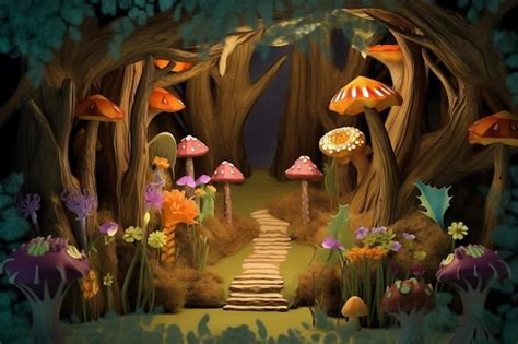 Premium AI Image | A painting of a forest with mushrooms and a path with a mushroom on it.