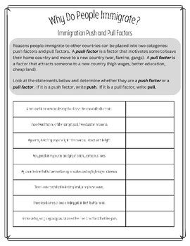 Immigration Push and Pull Factors Worksheet by WiscoTeaching | TPT