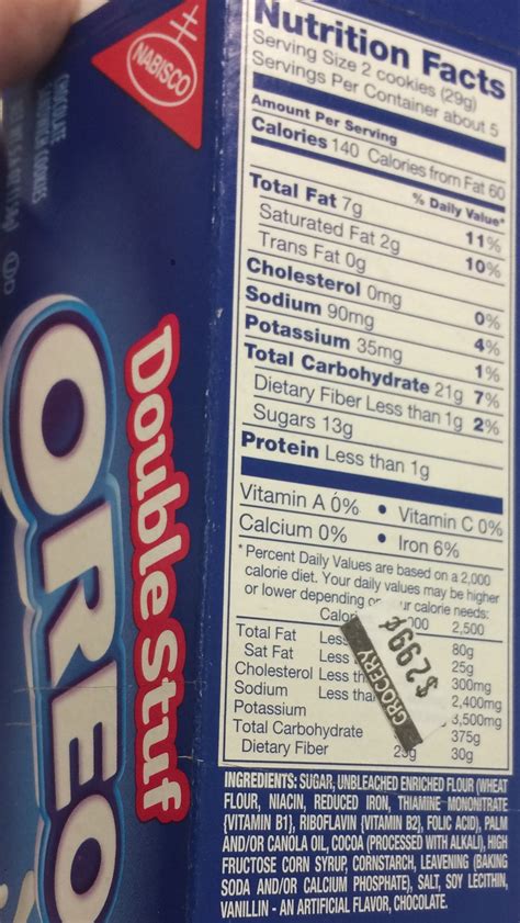 The Oreo package and its nutrition facts. Carbohydrates, Cholesterol ...