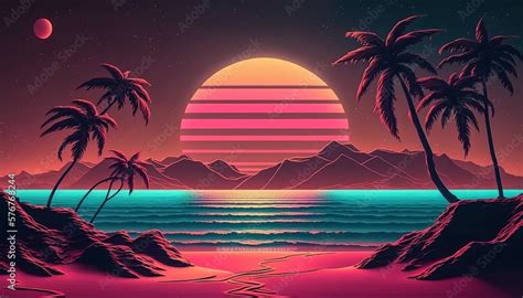 Beach retro wave or synthwave background, retro summer sunset wallpaper. generative ai ...