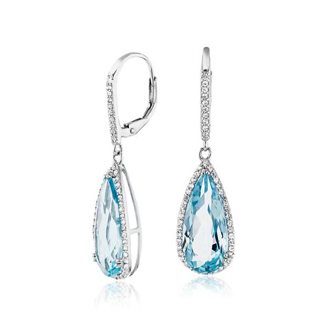 Pear-Shaped Blue Topaz Drop Earrings with White Topaz Halo in Sterling Silver (18x8mm) | Blue Nile