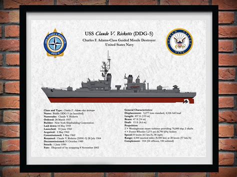 USS Claude V. Ricketts DDG-5 Destroyer Drawing, Charles F. Adams-Class Destroyer Drawing, Adams ...