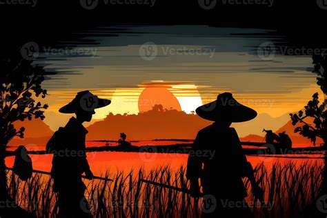 silhouette farmer working in the sunset in the field. Generative ai. 21598597 Stock Photo at ...